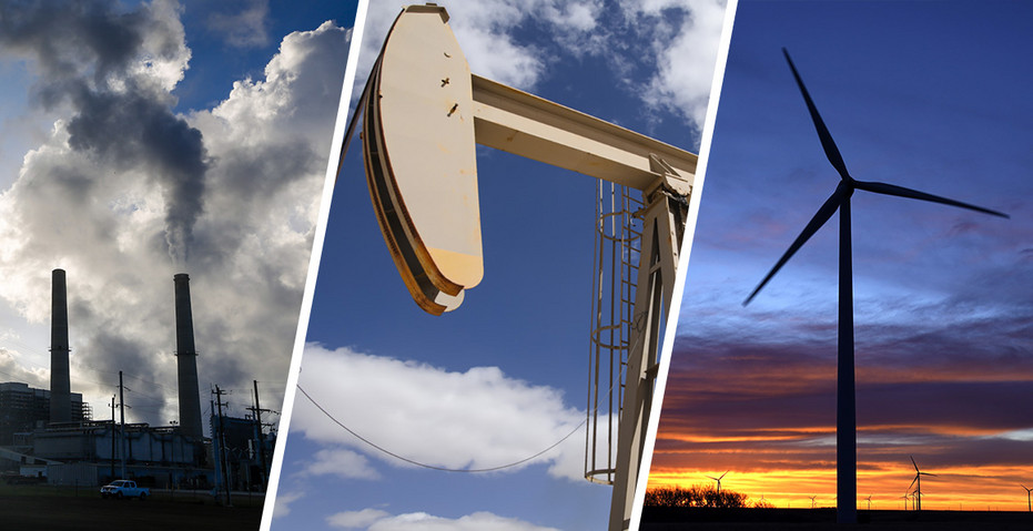 A photo collage of the Petra Nova carbon capture site, a pumpjack and a wind turbine.