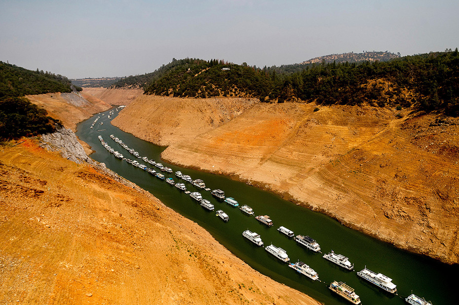 California drought. Houseboats line up Lake Oroville. 
